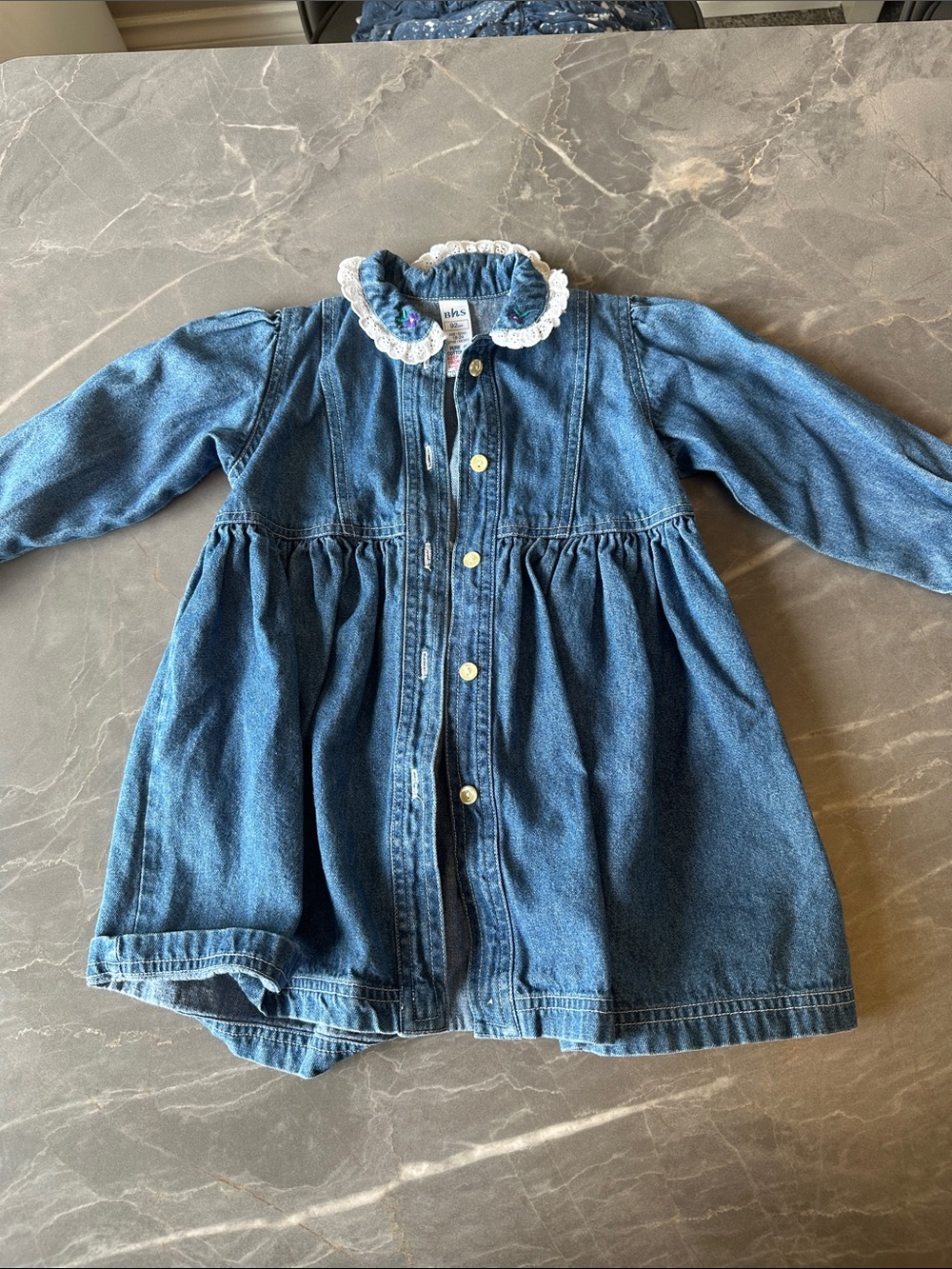 Kids Denim Button-Front Coat with Lace Collar - Blue
